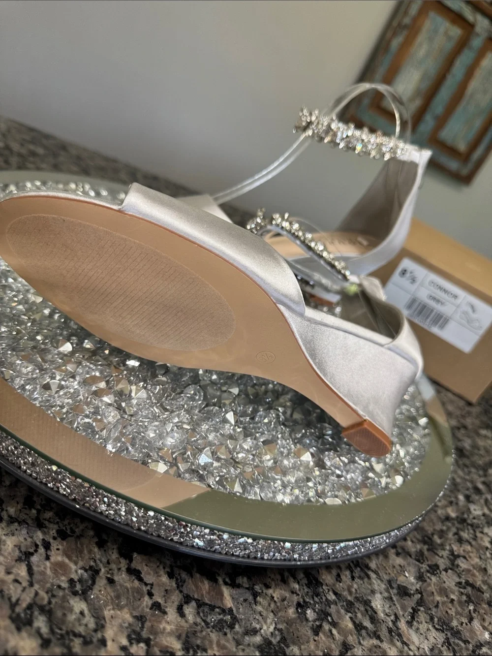 Journee Collection Conner Silver Satin Wedge Sandals Crystal Ankle Strap NEW 8.5